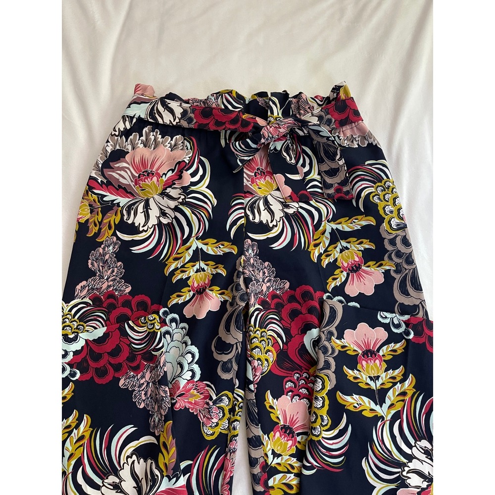 New York & Company 7th Avenue Floral Wide Leg Paperbag Waist Pants Navy Pink M - Picture 2 of 10